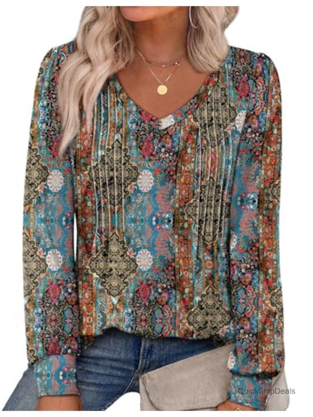 Womens V Neck Pleated Tunic Top Long Sleeve Blouse Polyester Spandex